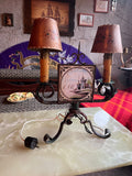 Vintage wrought iron and ceramic plate table lamp