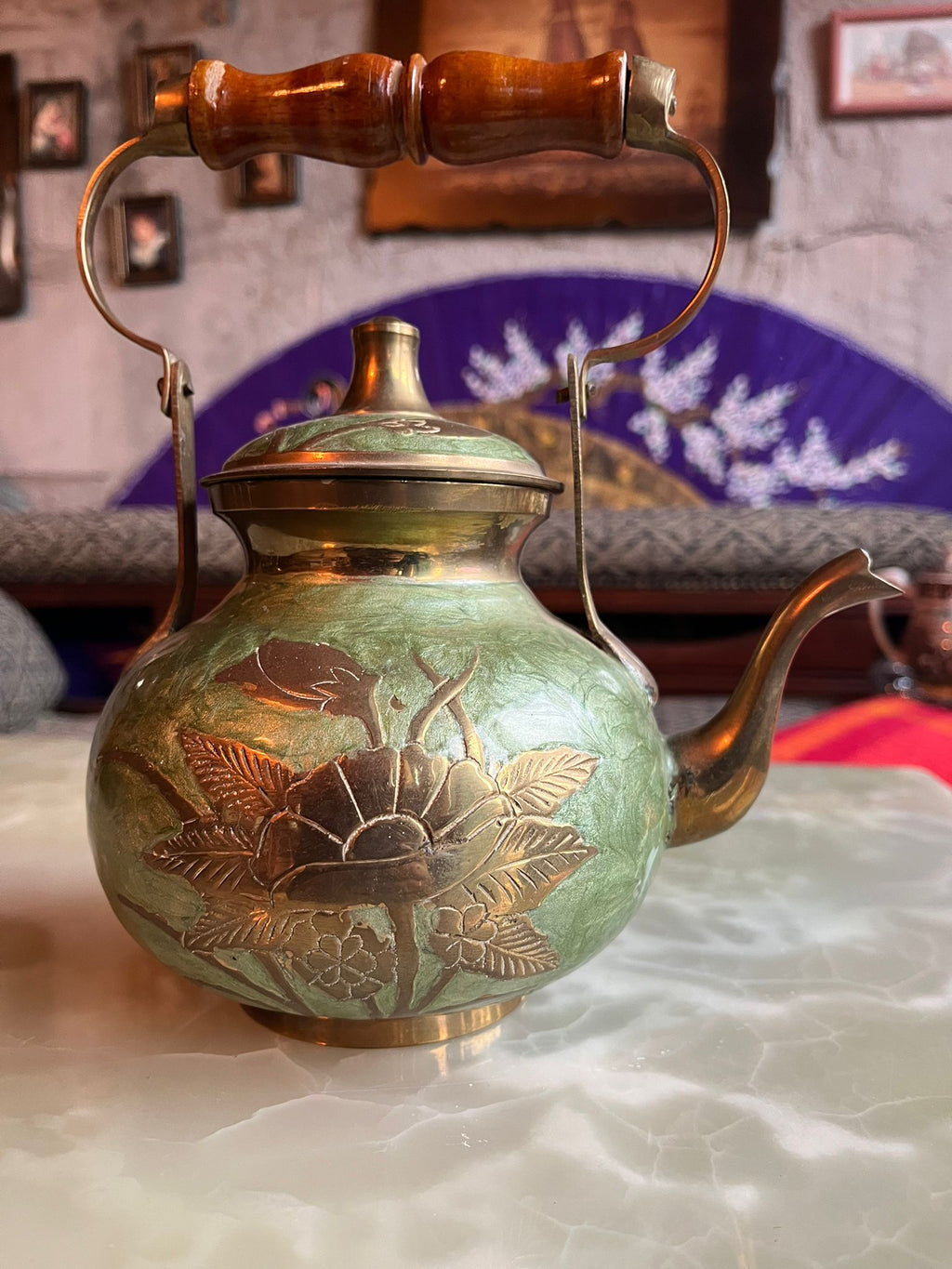 Vintage brass and enamel teapot with floral engraving