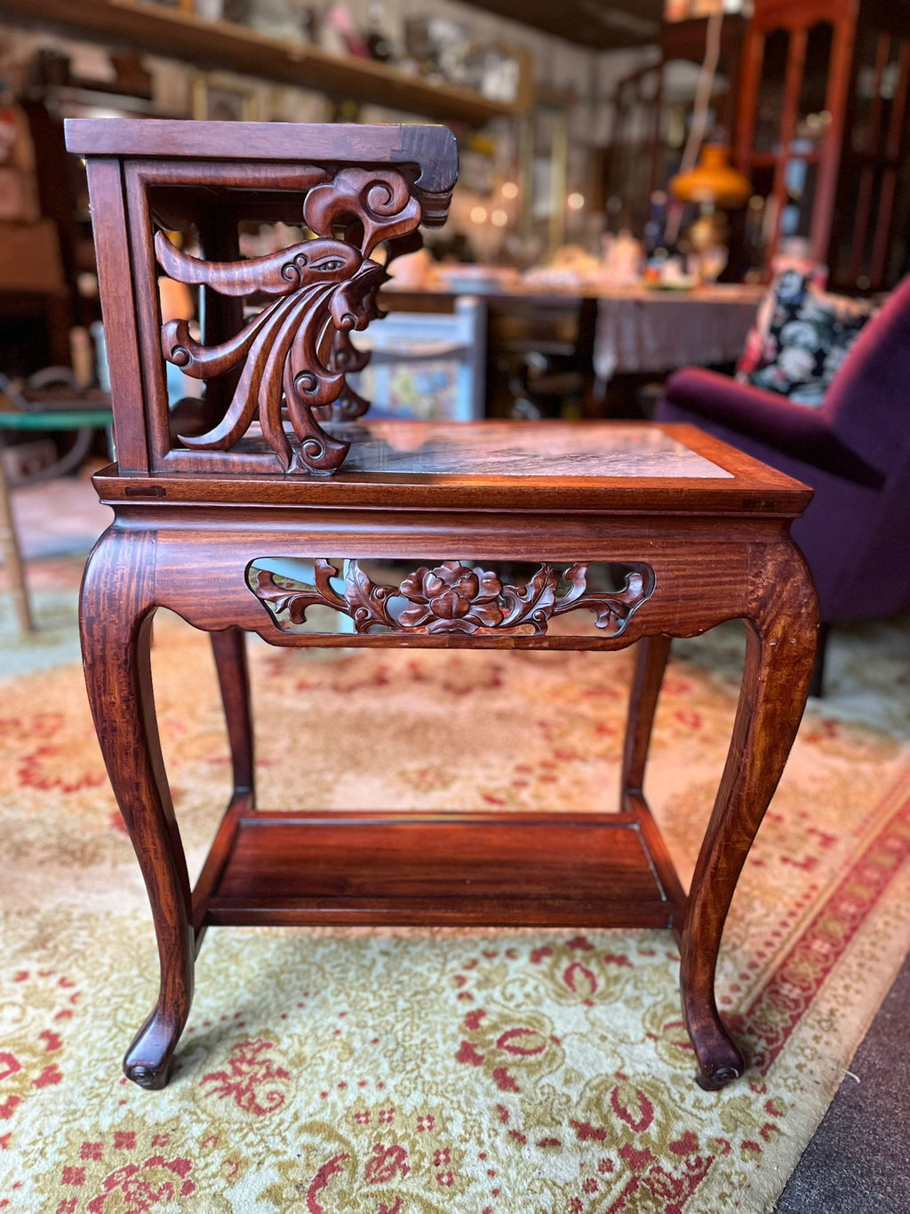 Antique Chinese Carved Solid Wood Side Table with Marble Top