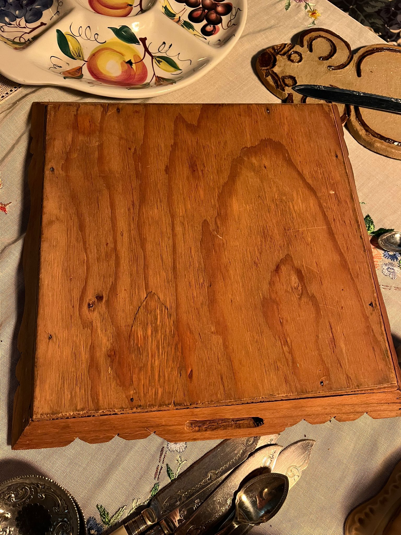 Vintage wooden serving tray with blue and white ceramic tiles