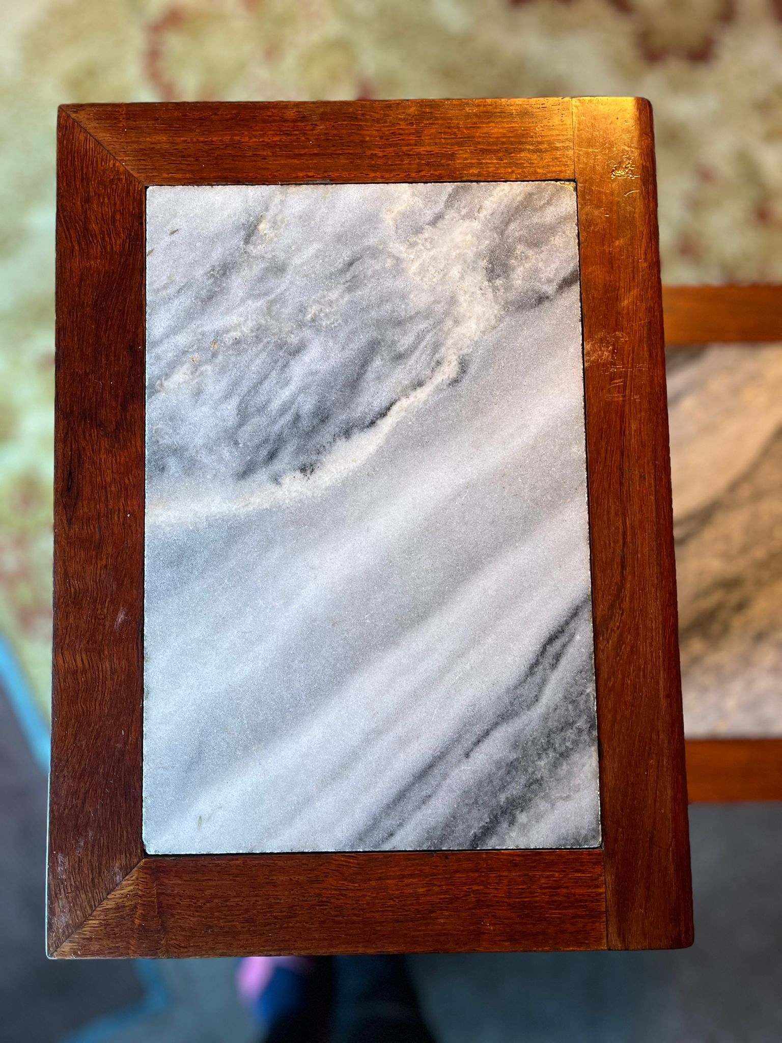 Antique Chinese Carved Solid Wood Side Table with Marble Top