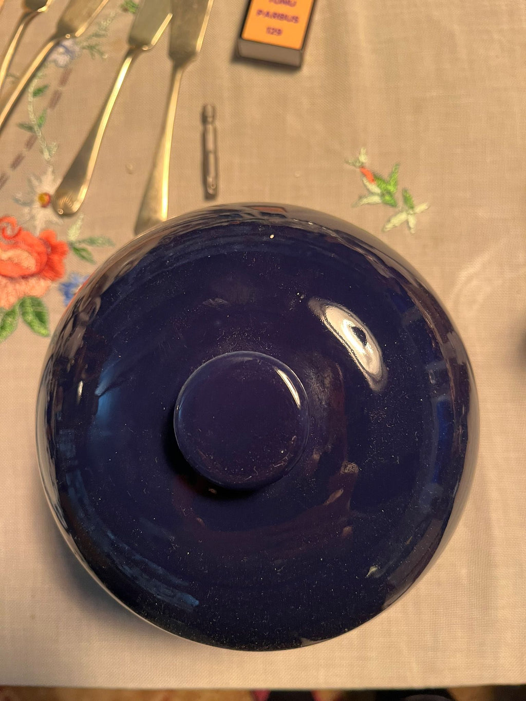 Vintage dark blue ceramic dome lid