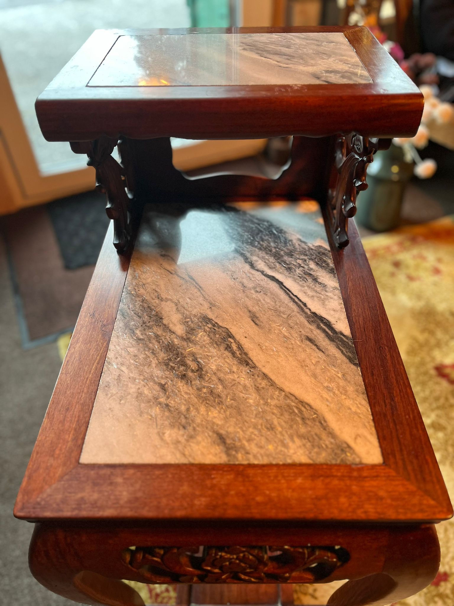 Antique Chinese Carved Solid Wood Side Table with Marble Top
