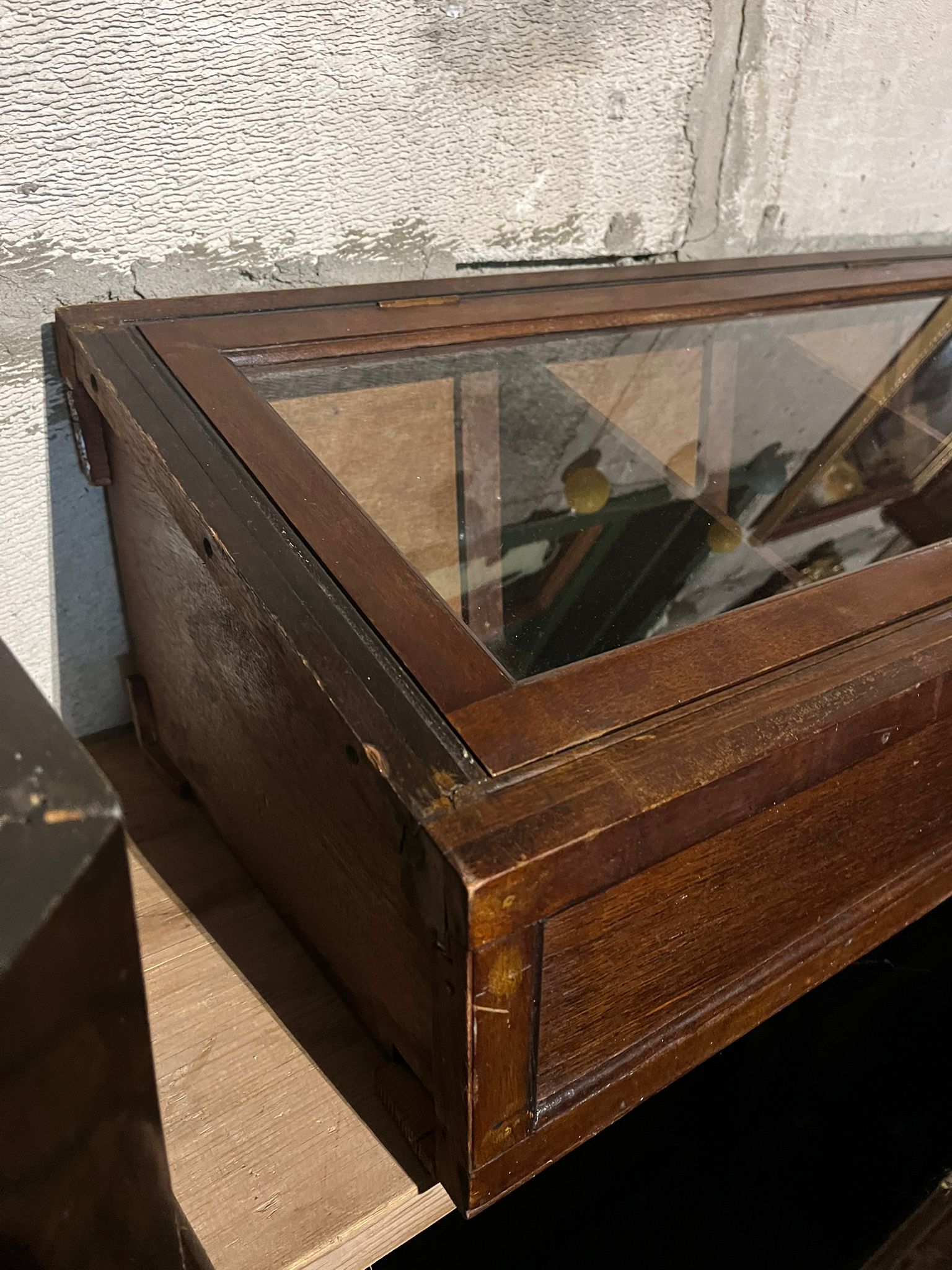 Antique oak and glass wall-mounted display cabinet