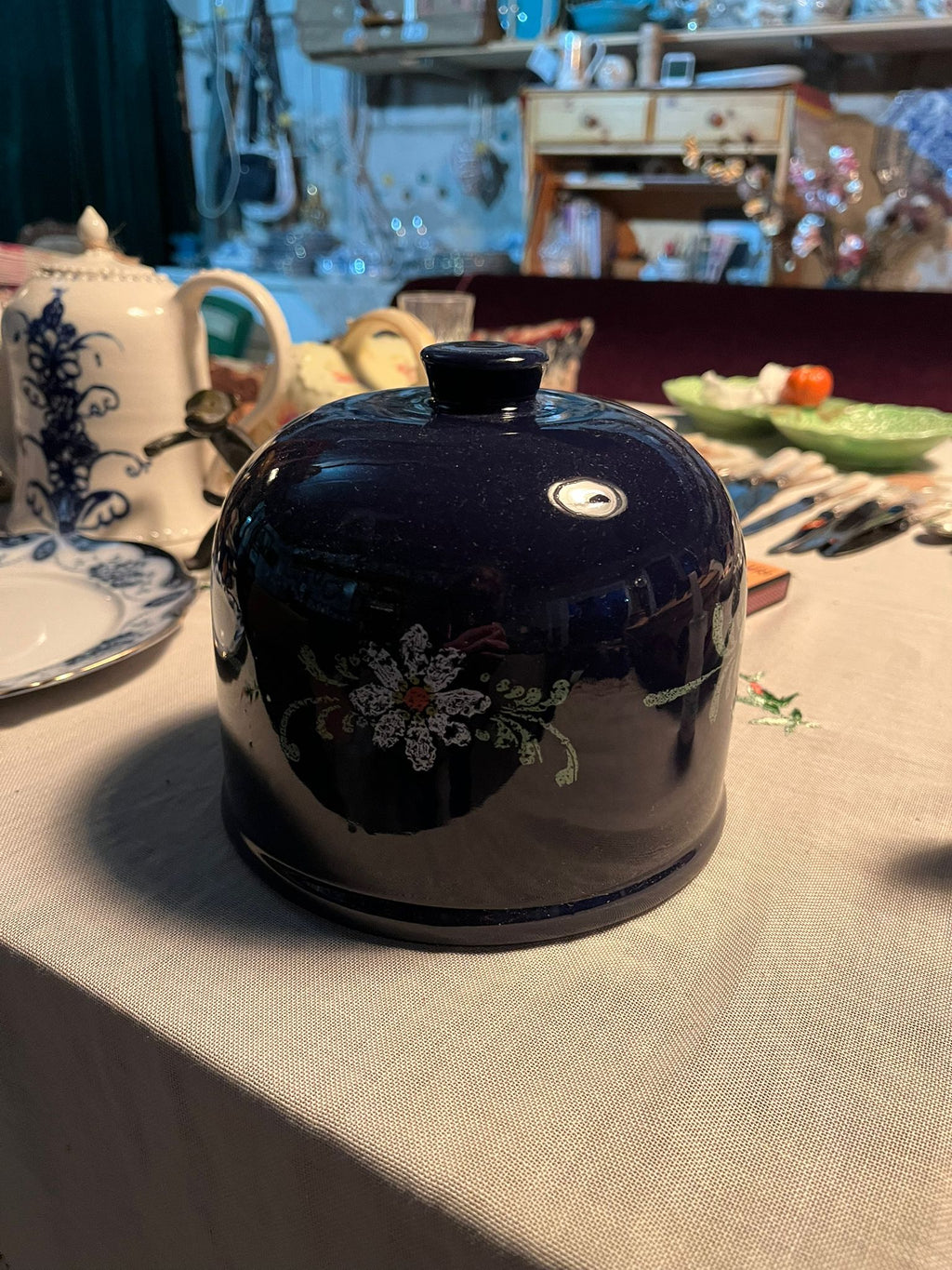 Vintage dark blue ceramic dome lid