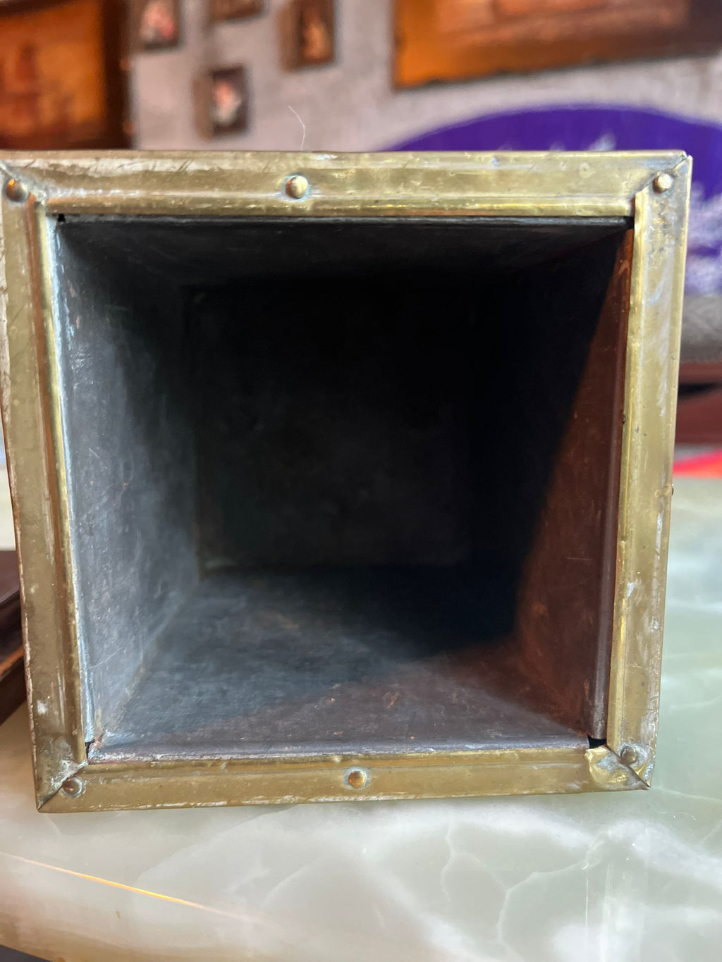 Antique brass tea box with sailing ship relief