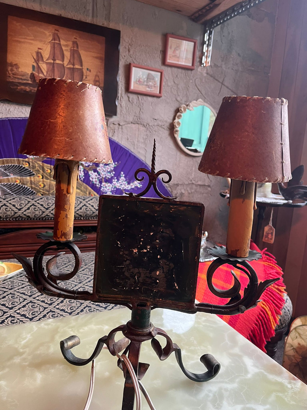 Vintage wrought iron and ceramic plate table lamp