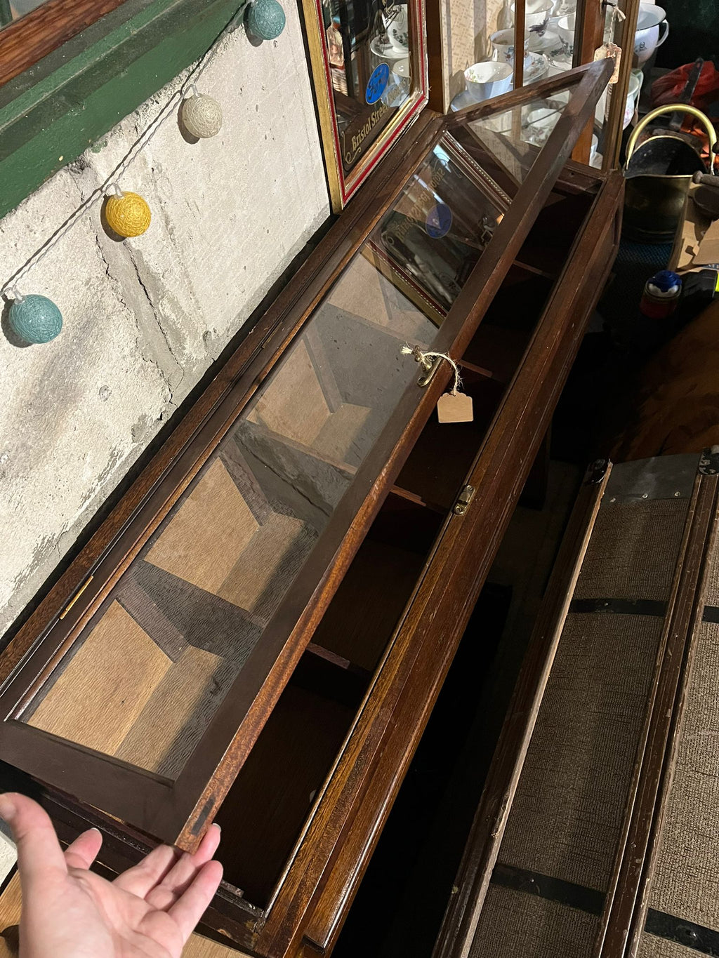 Antique oak and glass wall-mounted display cabinet