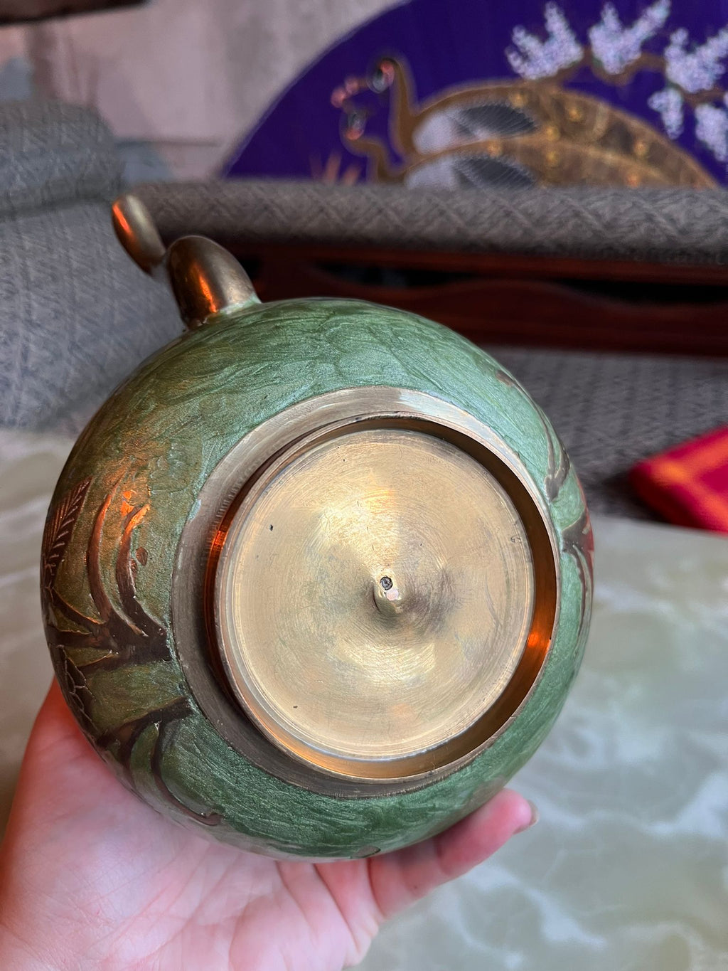 Vintage brass and enamel teapot with floral engraving