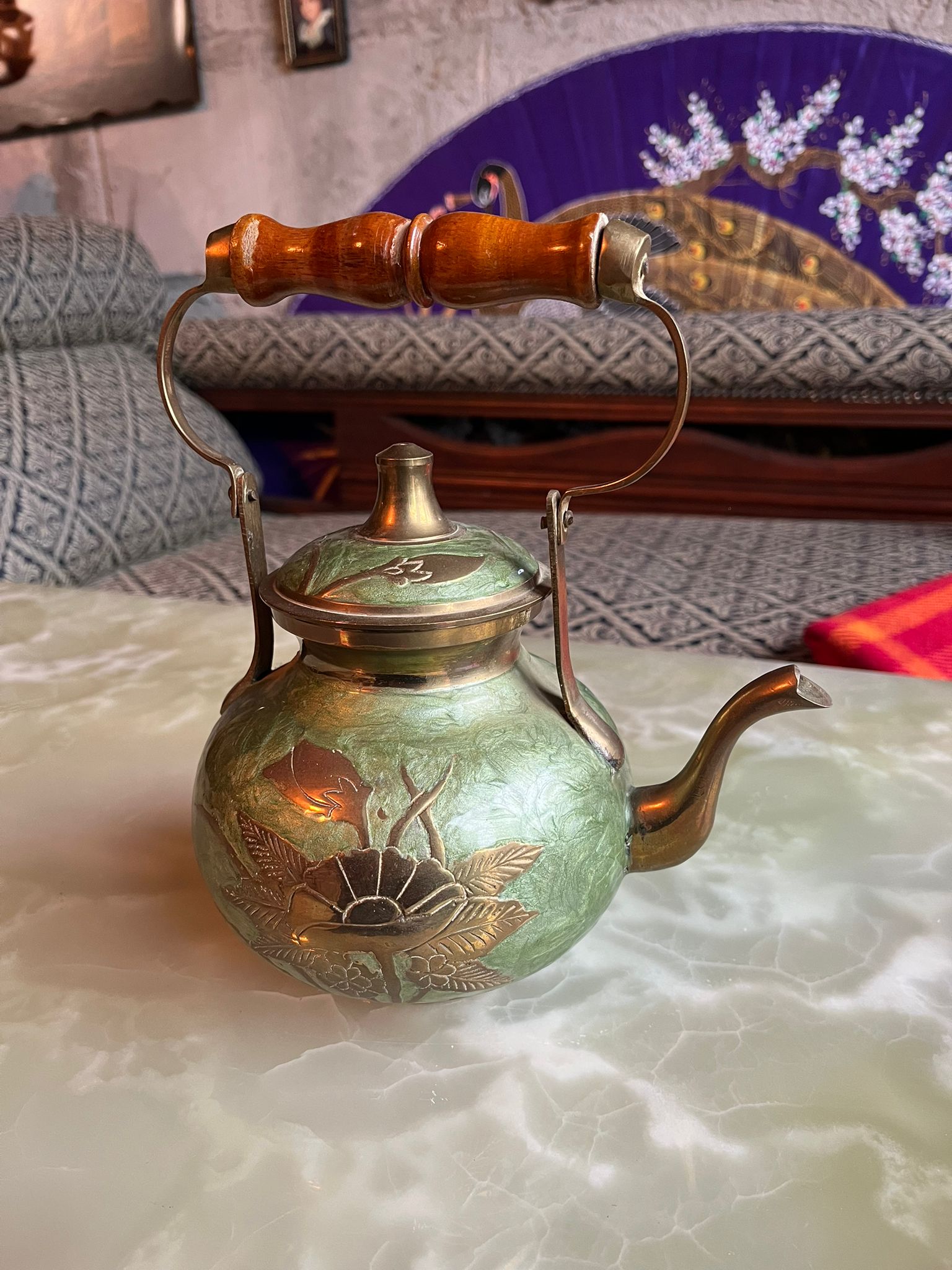 Vintage brass and enamel teapot with floral engraving