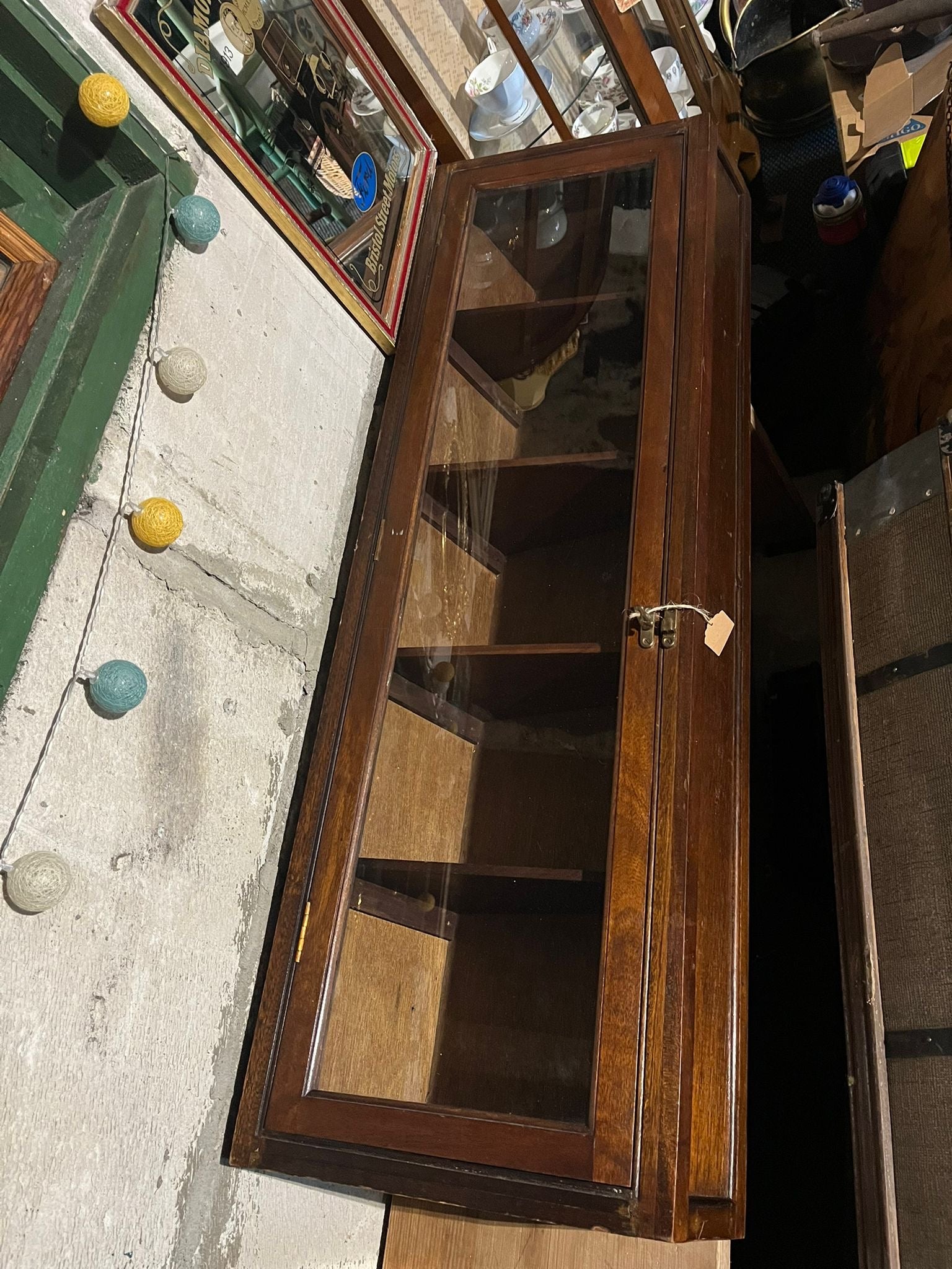 Antique oak and glass wall-mounted display cabinet