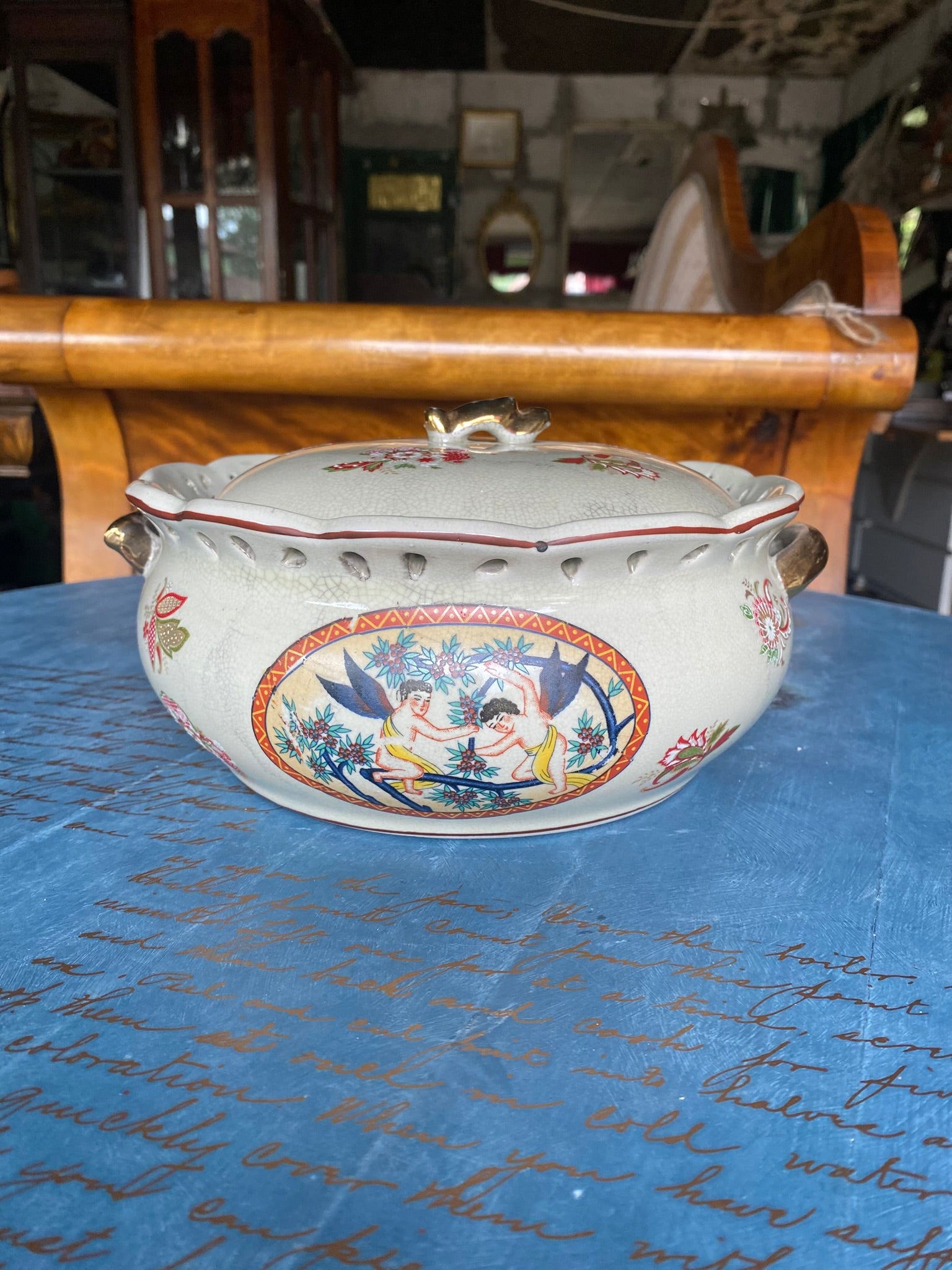 Vintage oriental style ceramic container with lid