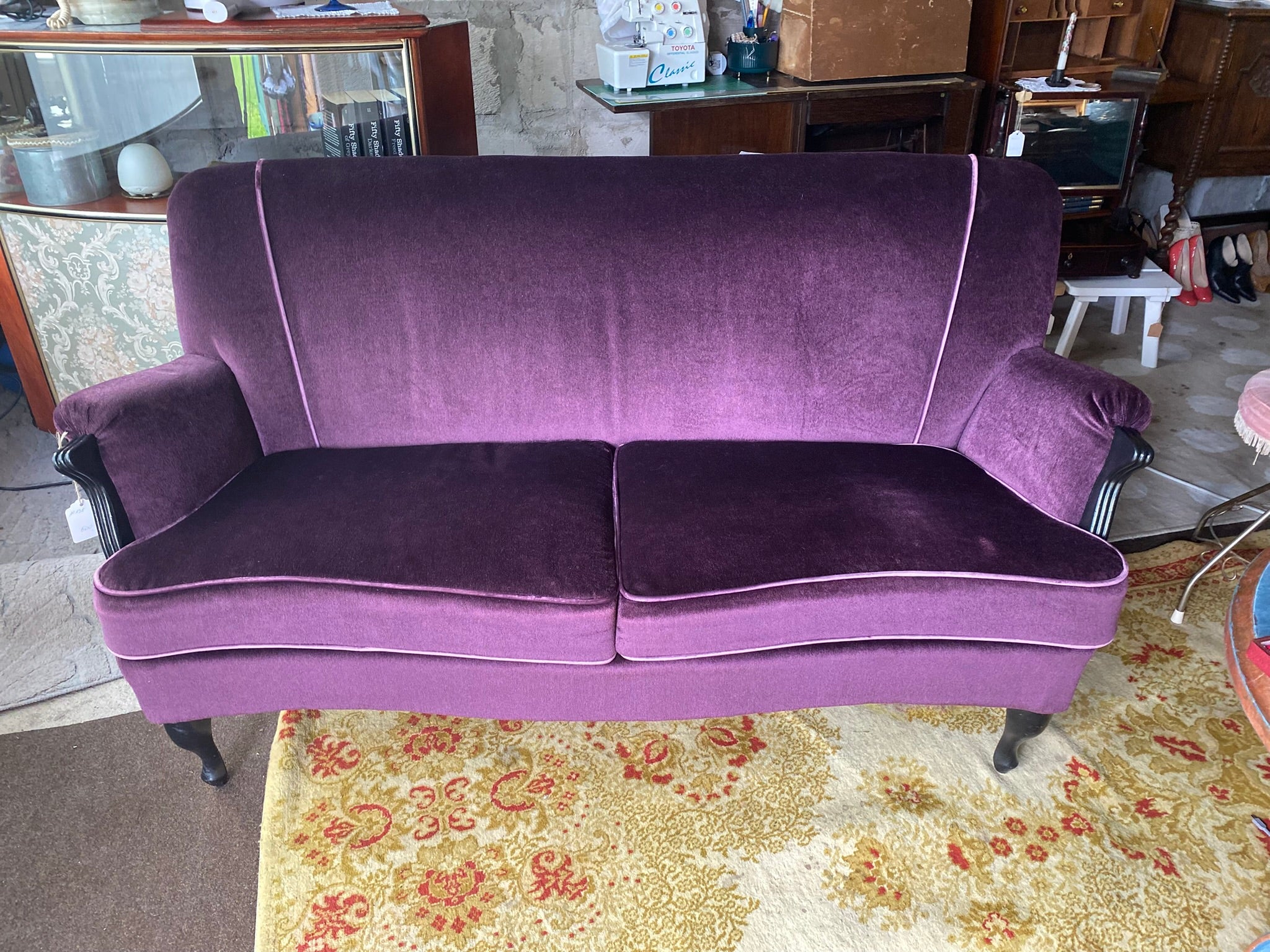Restored vintage plum purple velvet sofa