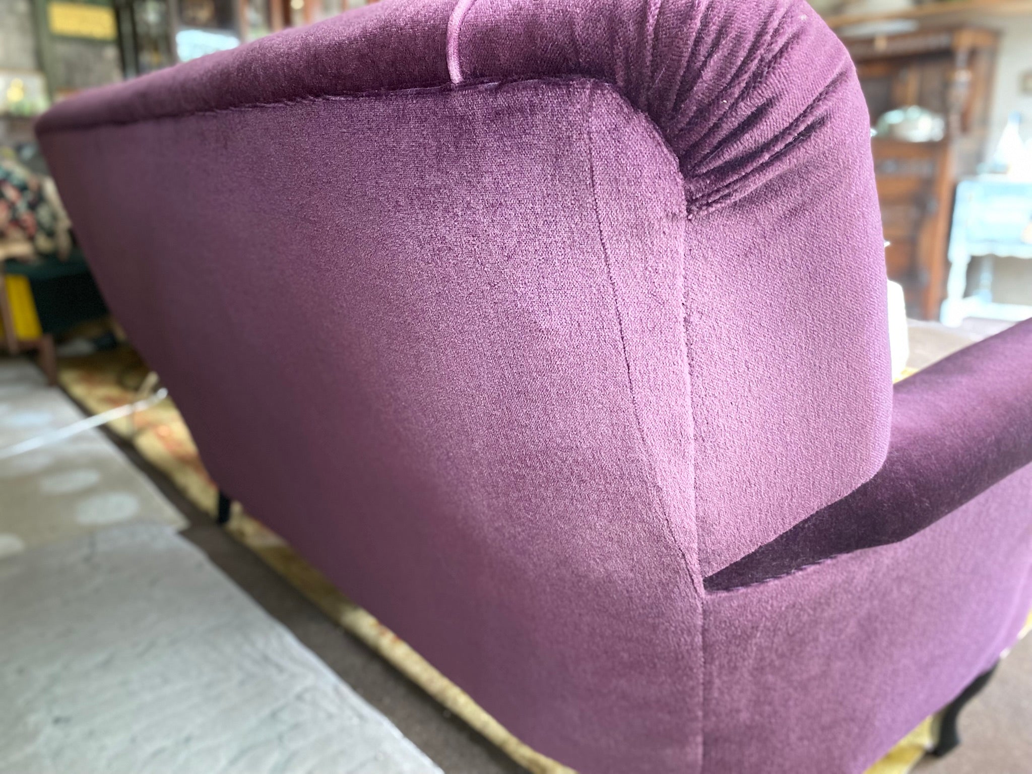 Restored vintage plum purple velvet sofa