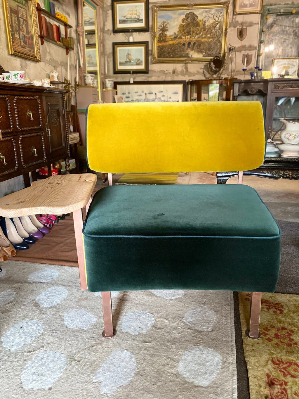 Reclaimed designer chair – velvet upholstery and side table