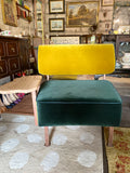 Reclaimed designer chair – velvet upholstery and side table