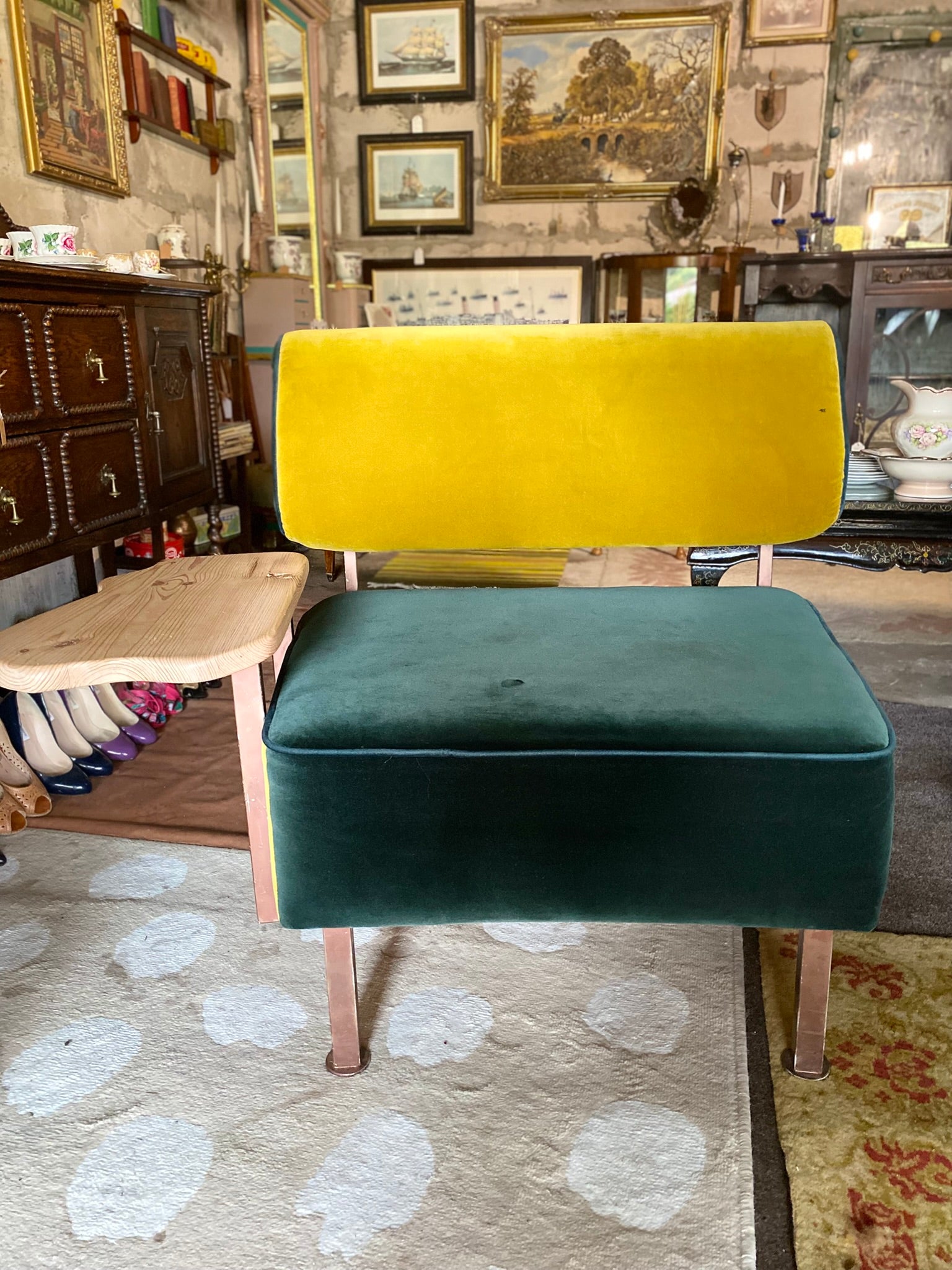 Reclaimed designer chair – velvet upholstery and side table
