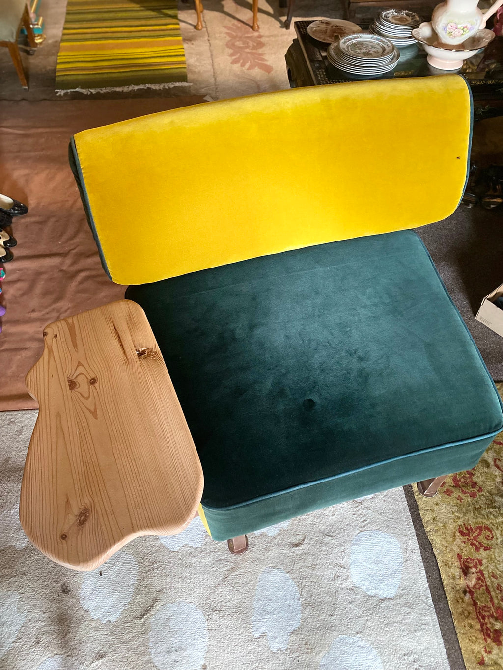 Reclaimed designer chair – velvet upholstery and side table
