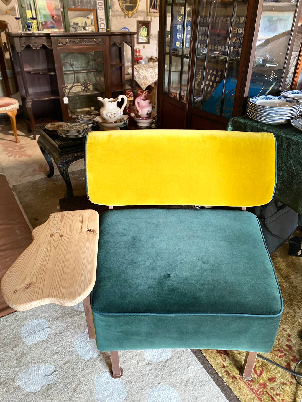 Reclaimed designer chair – velvet upholstery and side table
