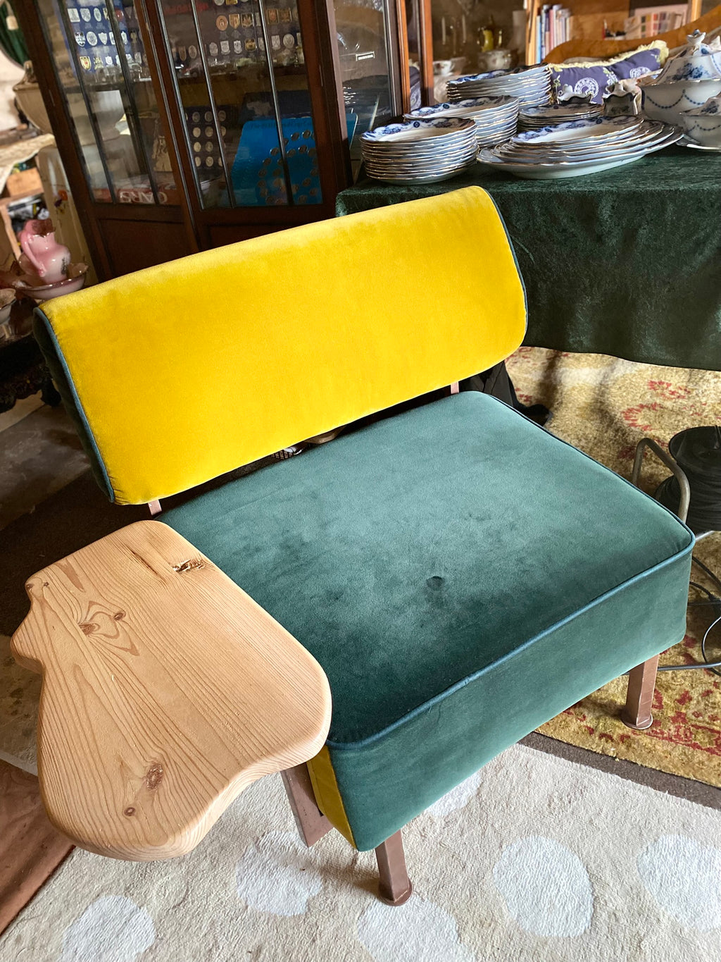 Reclaimed designer chair – velvet upholstery and side table