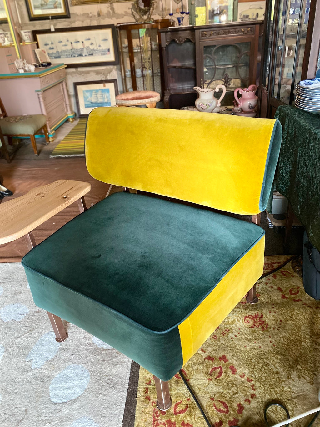 Reclaimed designer chair – velvet upholstery and side table