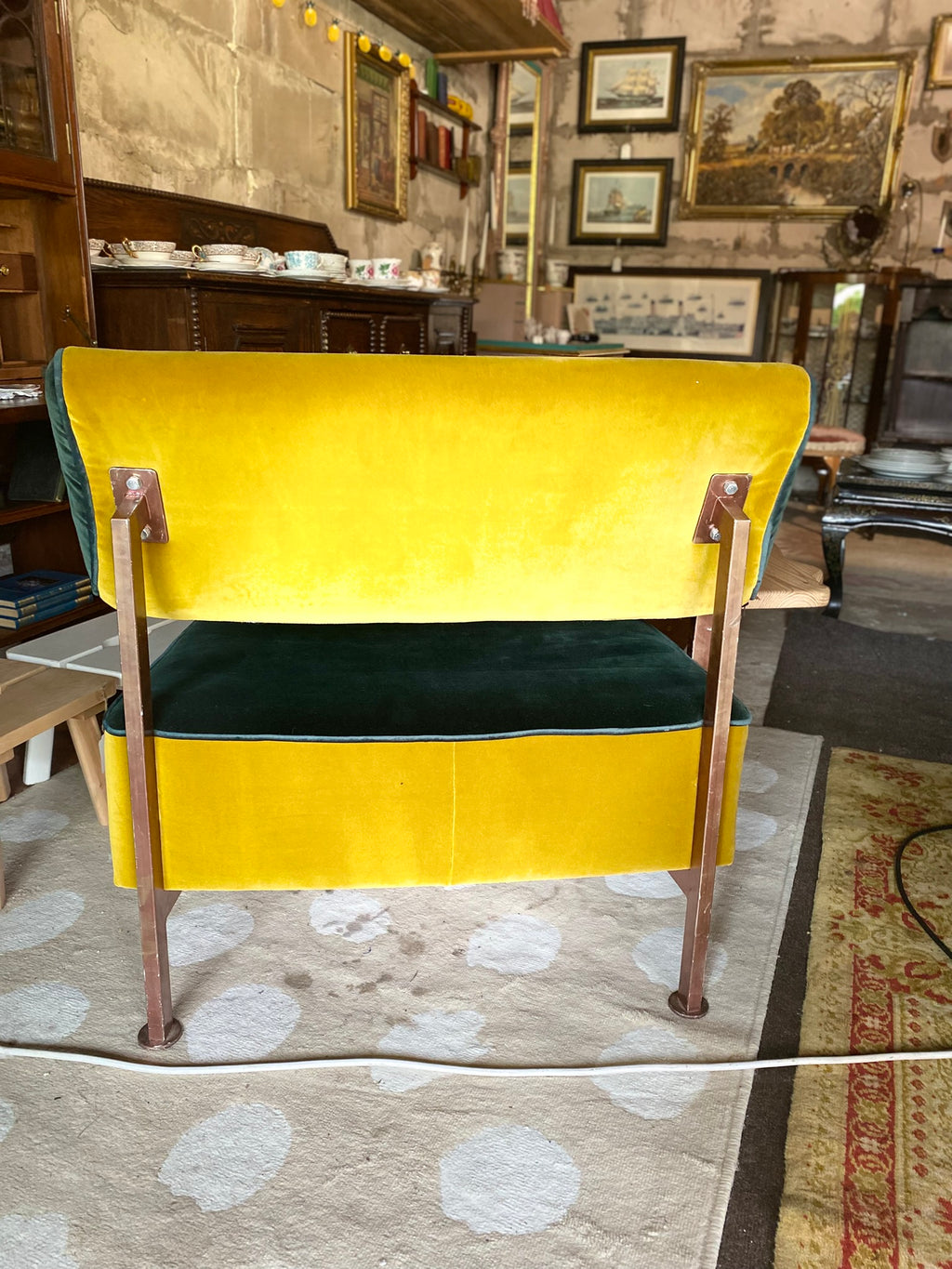 Reclaimed designer chair – velvet upholstery and side table