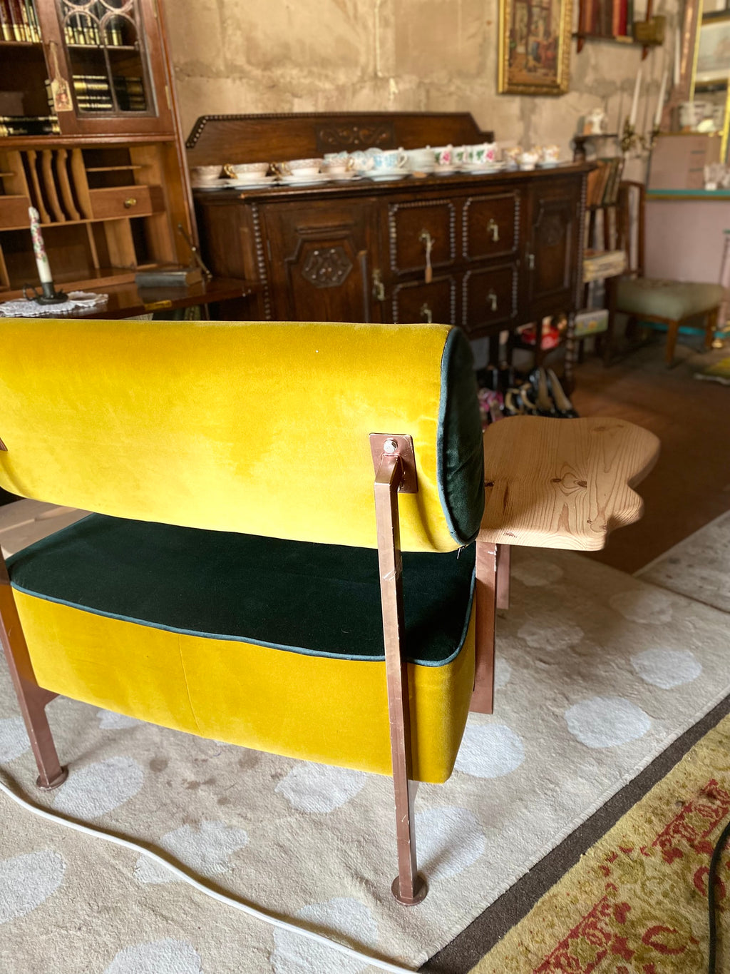 Reclaimed designer chair – velvet upholstery and side table