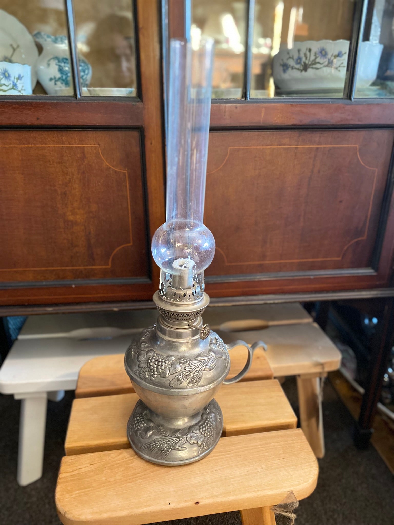 Antique French pewter oil lamp
