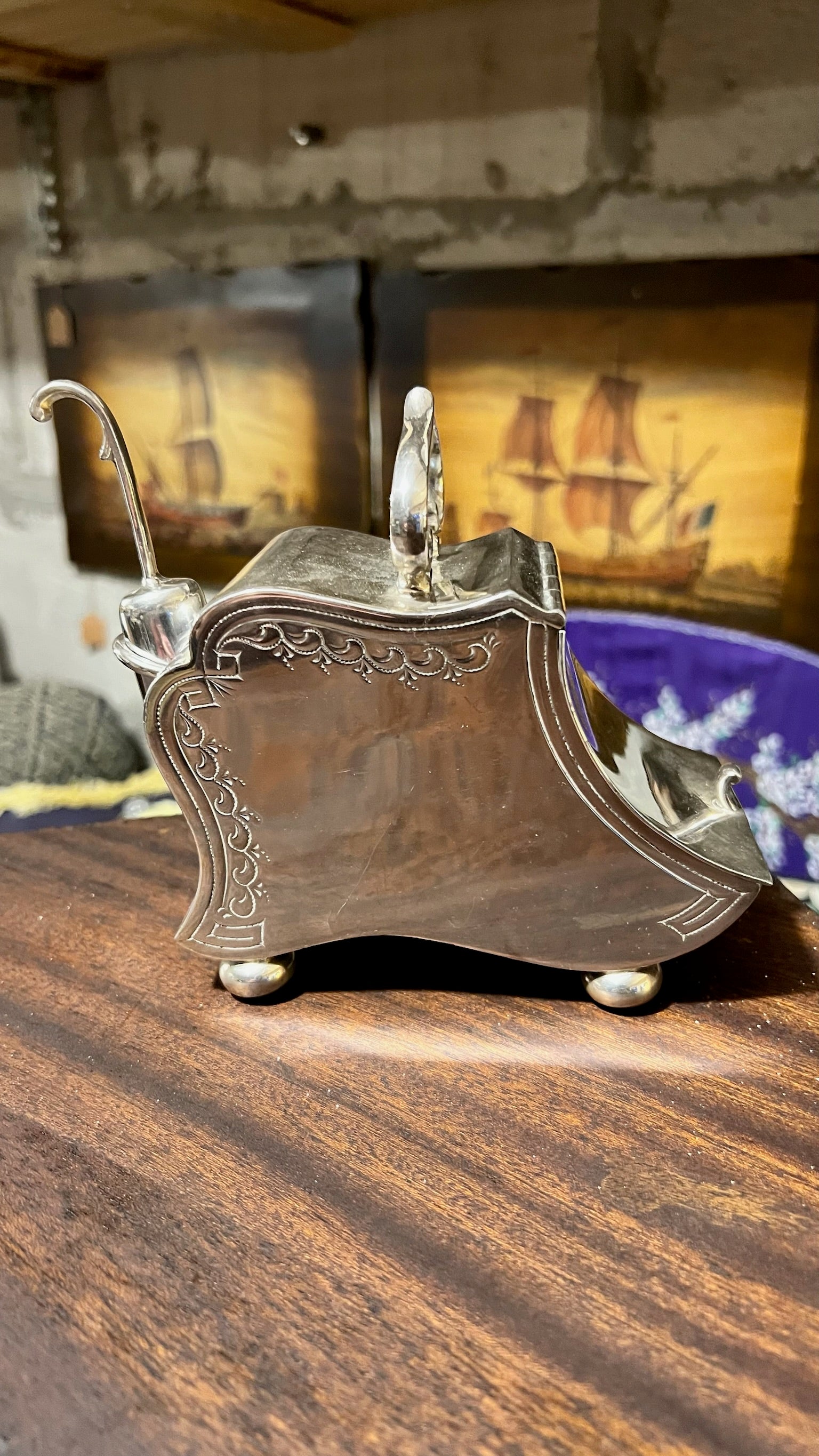 Antique silver-plated sugar bowl with spoon