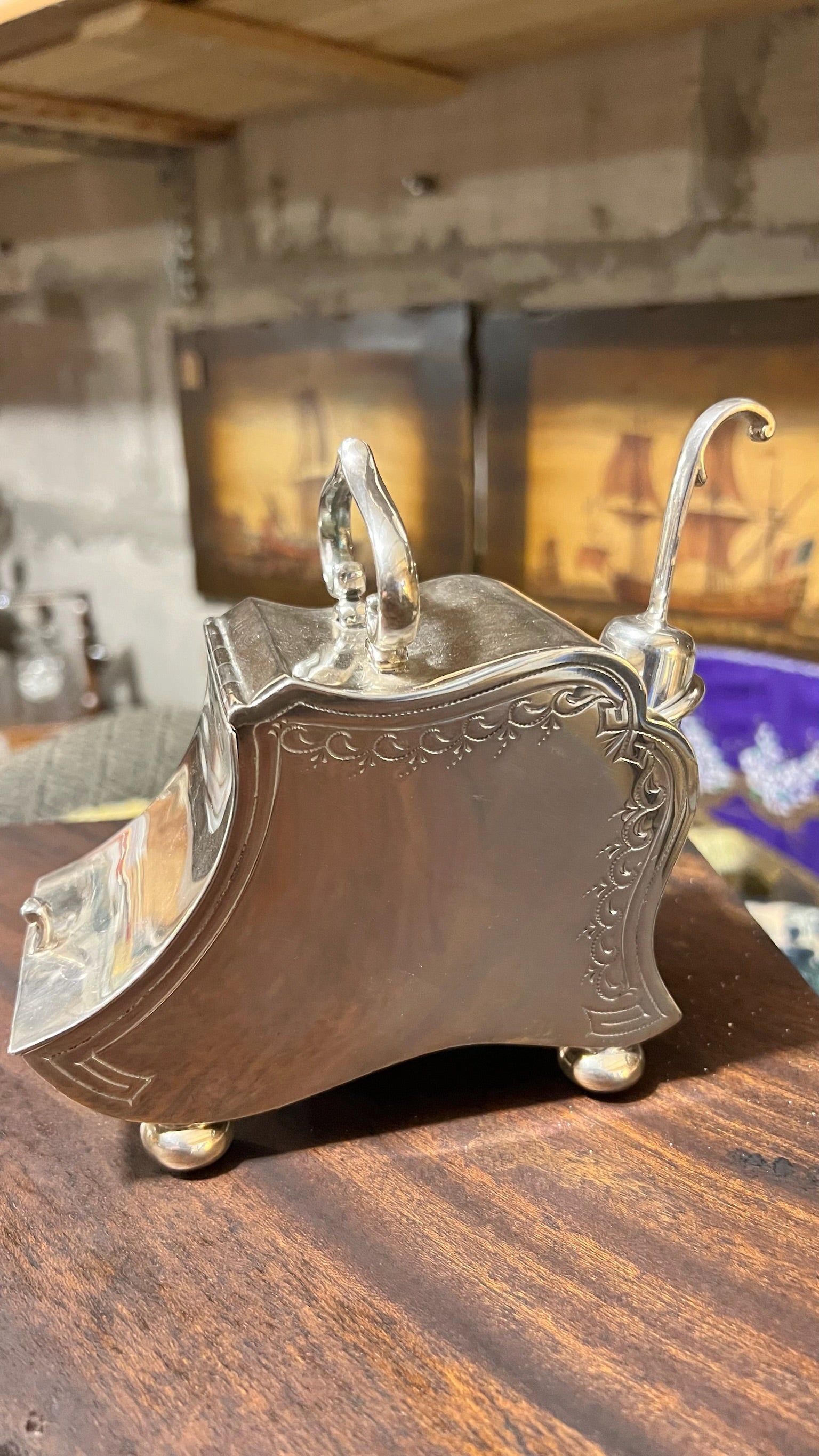 Antique silver-plated sugar bowl with spoon