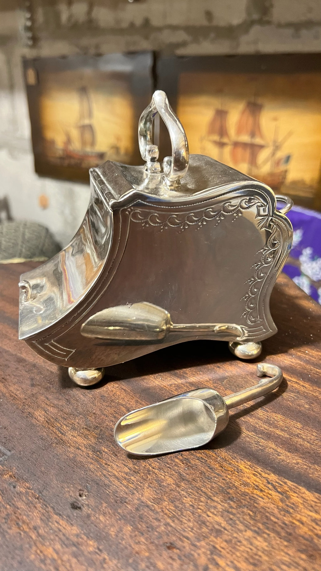 Antique silver-plated sugar bowl with spoon