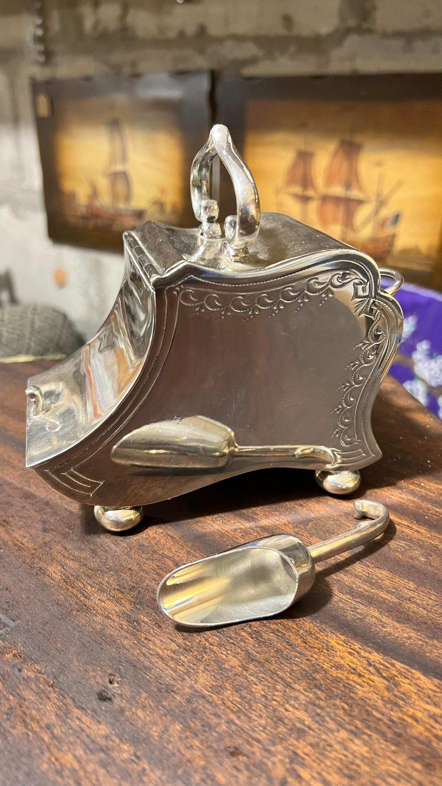 Antique silver-plated sugar bowl with spoon