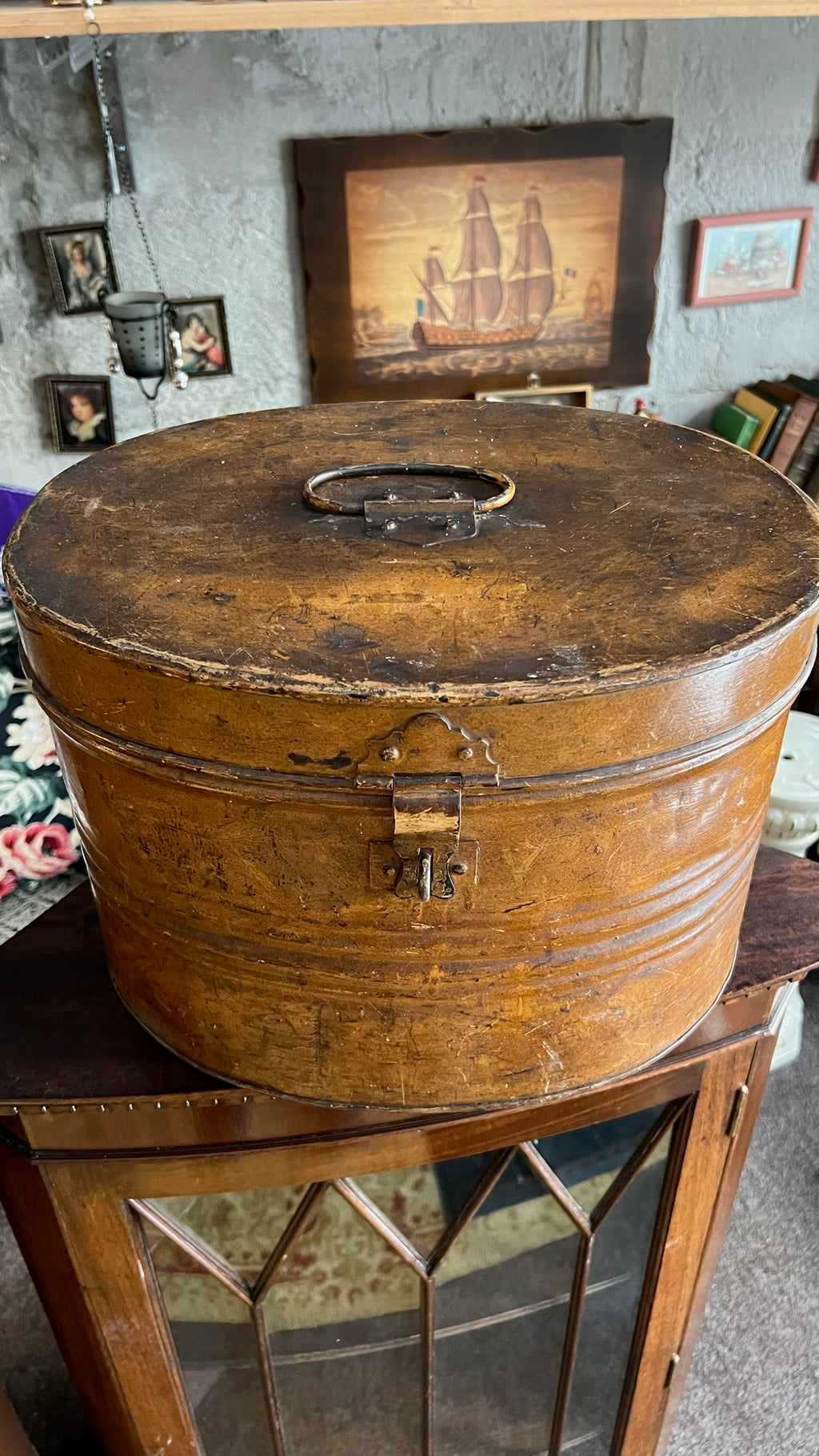 Antique metal hat box/storage box