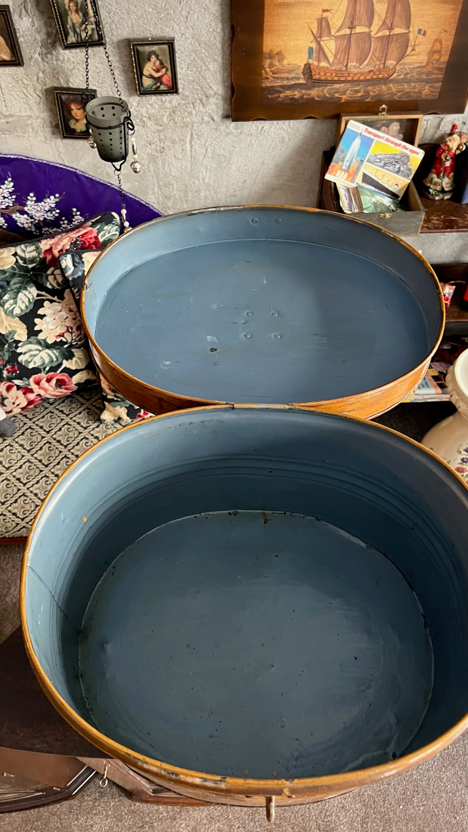 Antique metal hat box/storage box