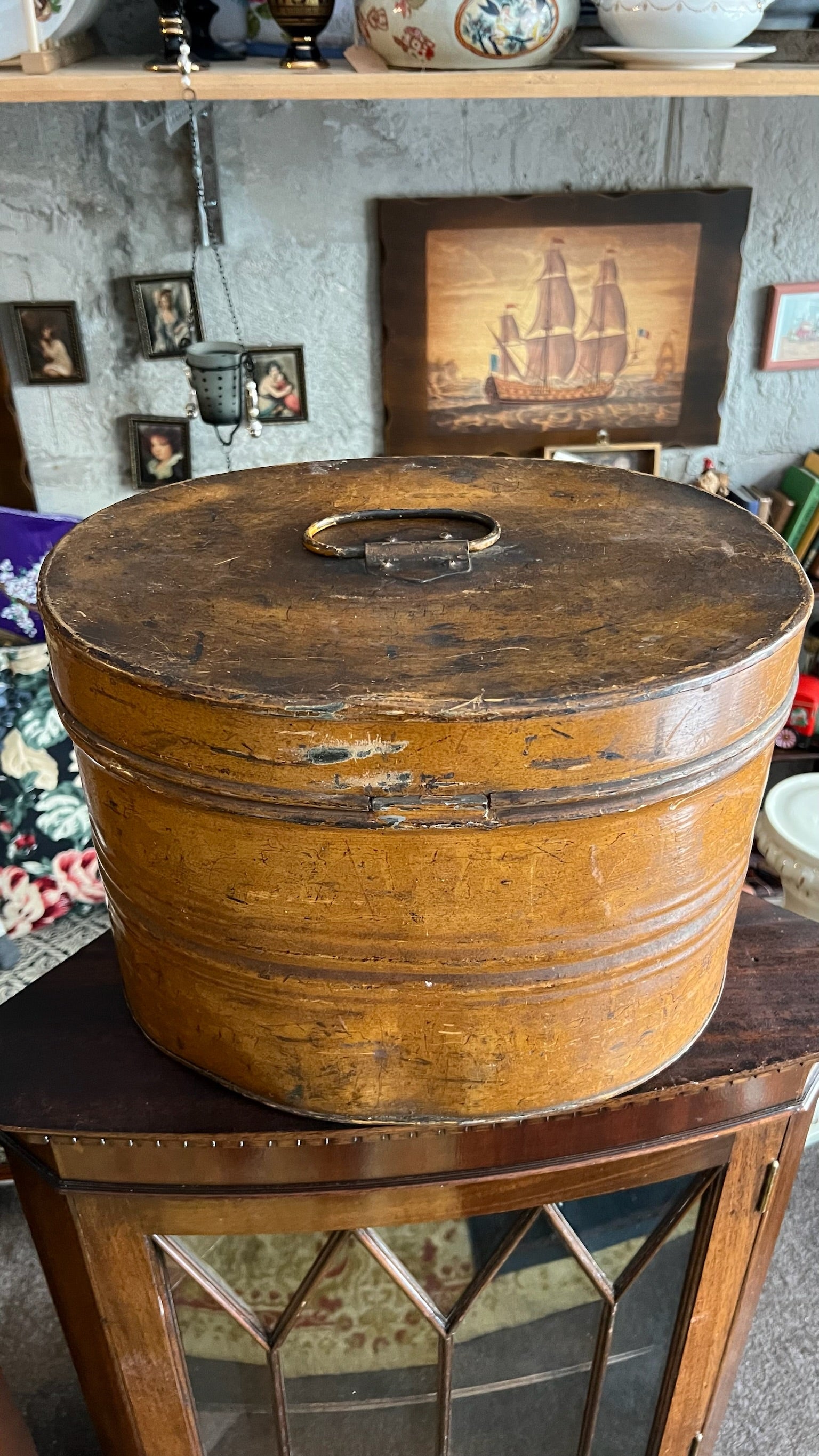 Antique metal hat box/storage box