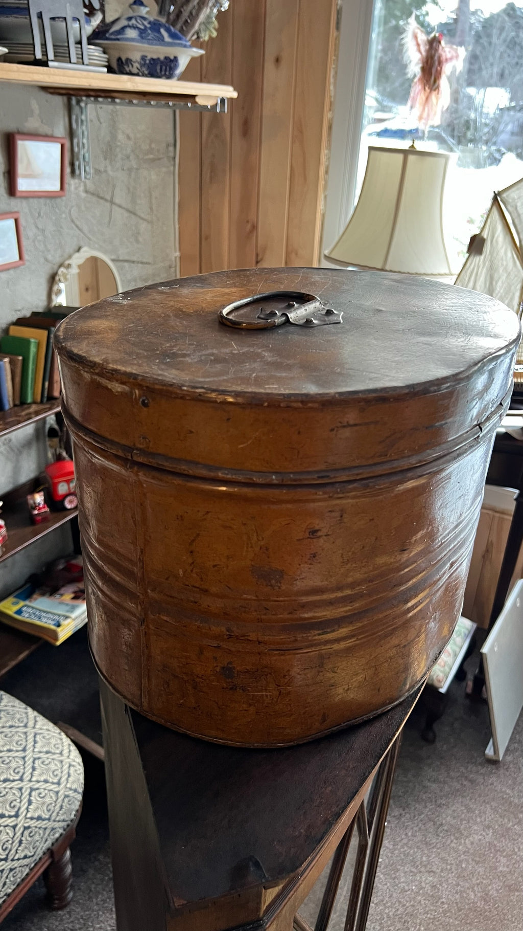 Antique metal hat box/storage box