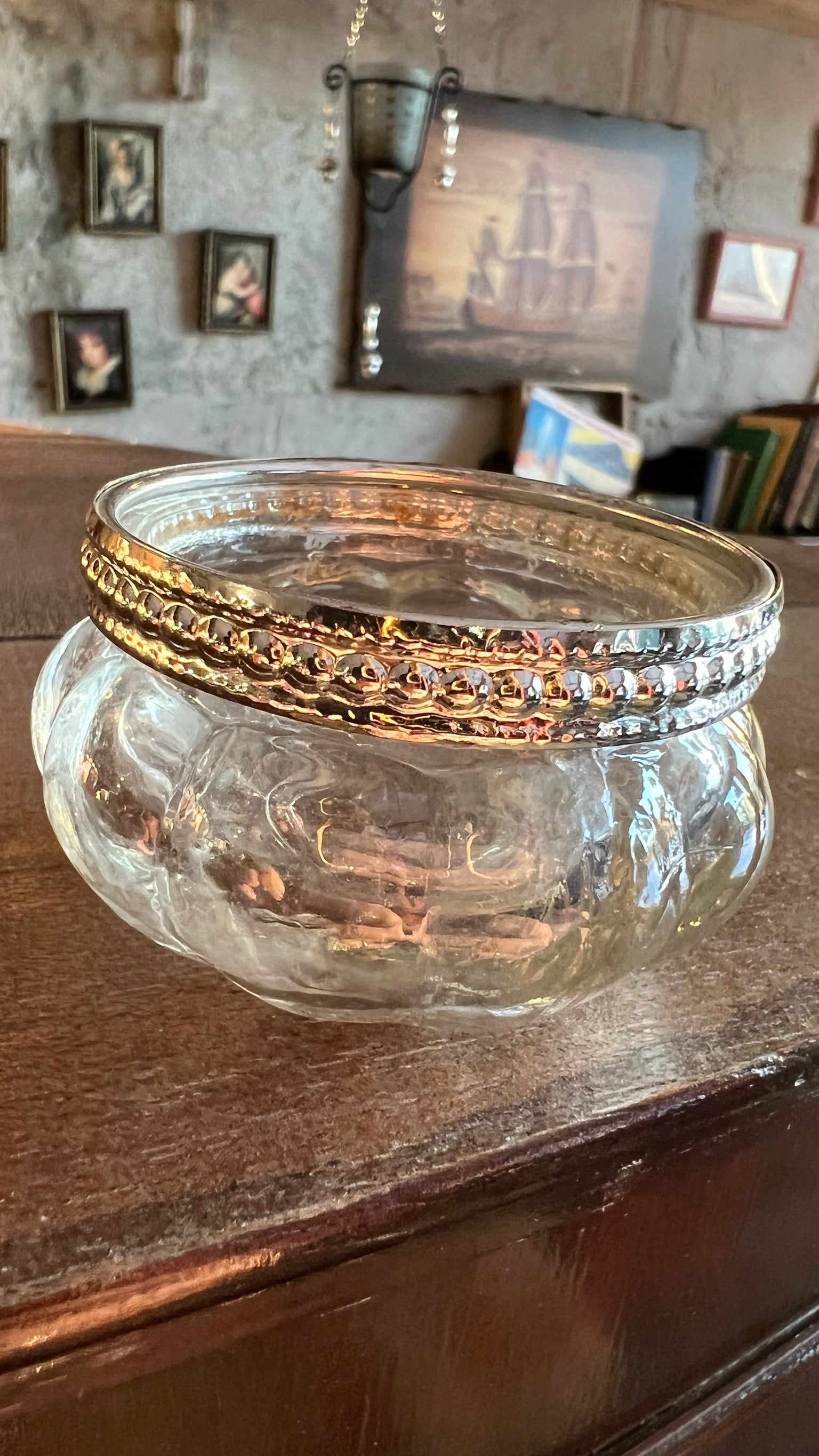 Antique English glass salt shaker with sterling silver spoon