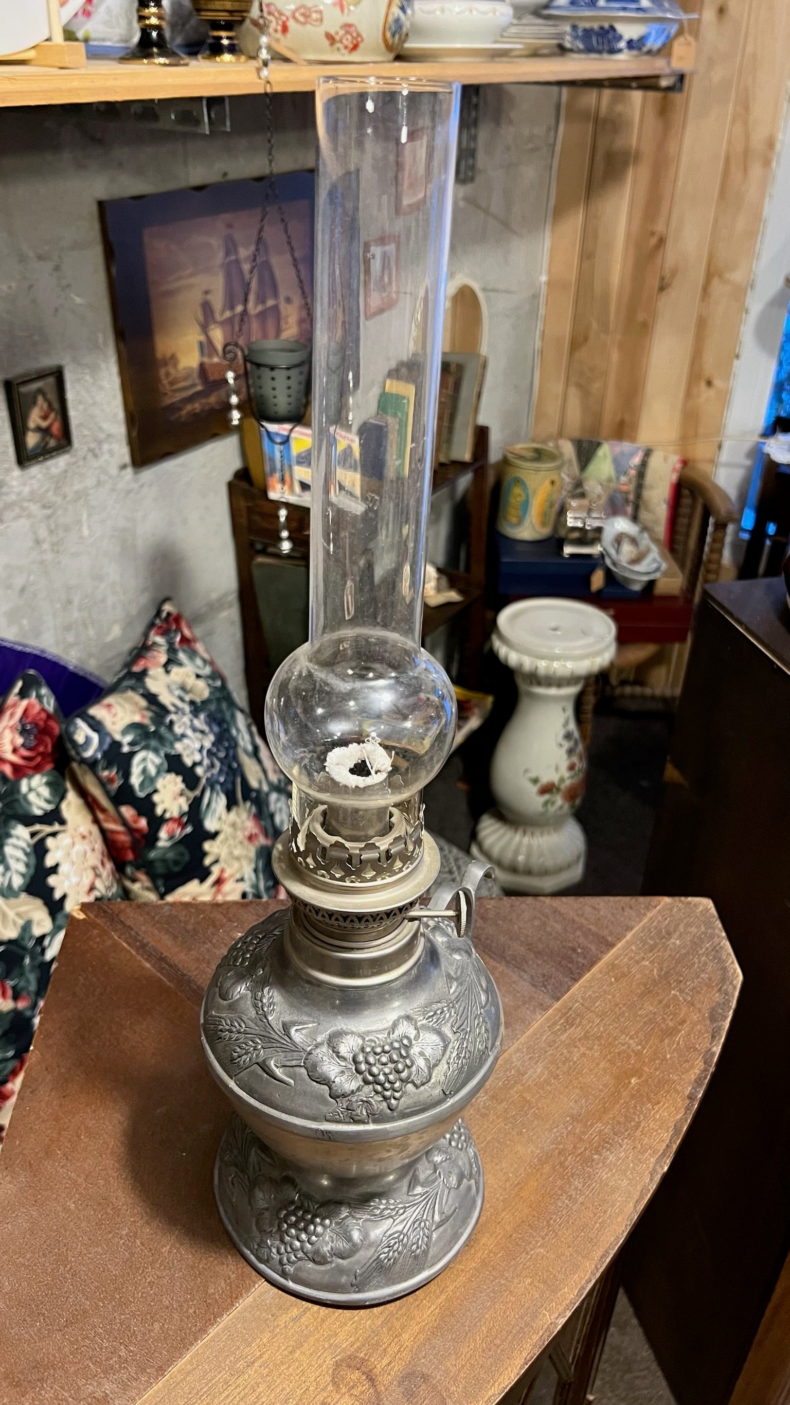Antique French pewter oil lamp