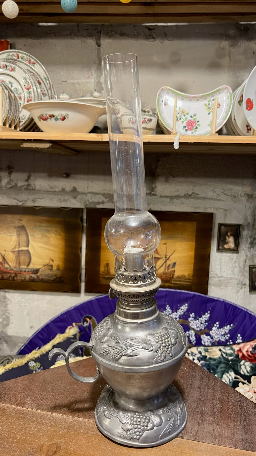 Antique French pewter oil lamp