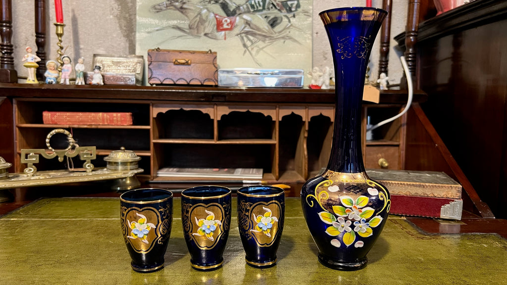 Bohemian cobalt blue glass vase and 3 cups