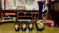 Bohemian cobalt blue glass vase and 3 cups
