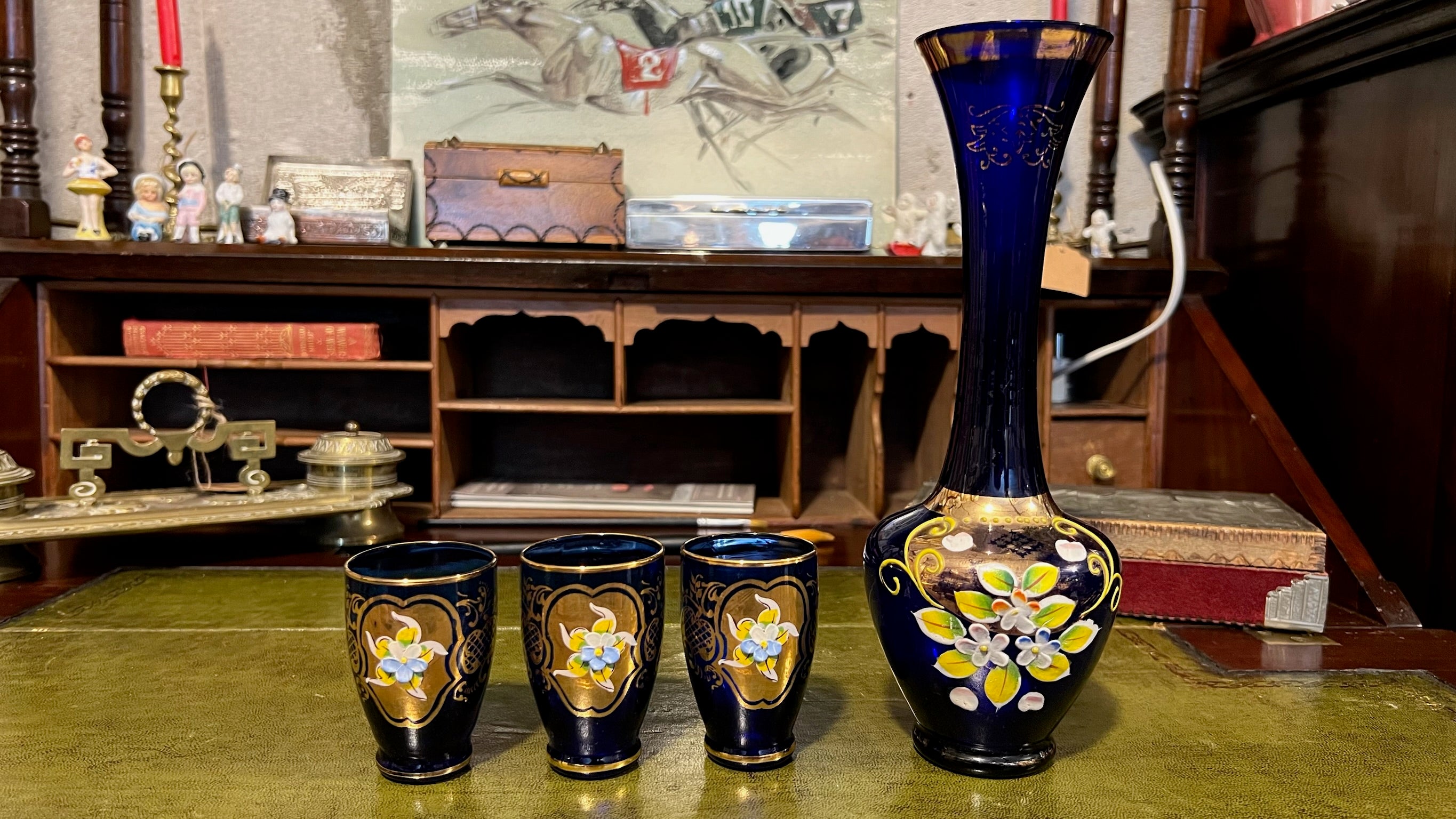 Bohemian cobalt blue glass vase and 3 cups