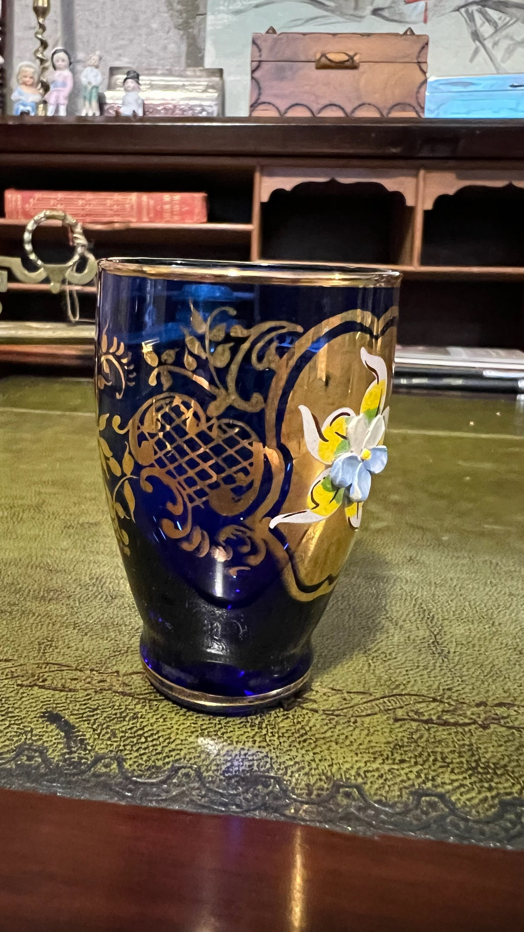 Bohemian cobalt blue glass vase and 3 cups
