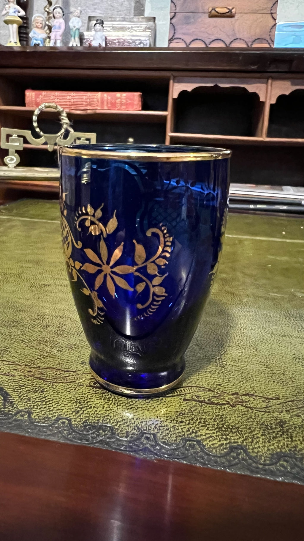 Bohemian cobalt blue glass vase and 3 cups