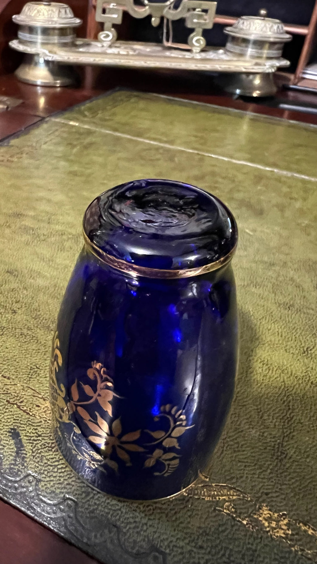Bohemian cobalt blue glass vase and 3 cups
