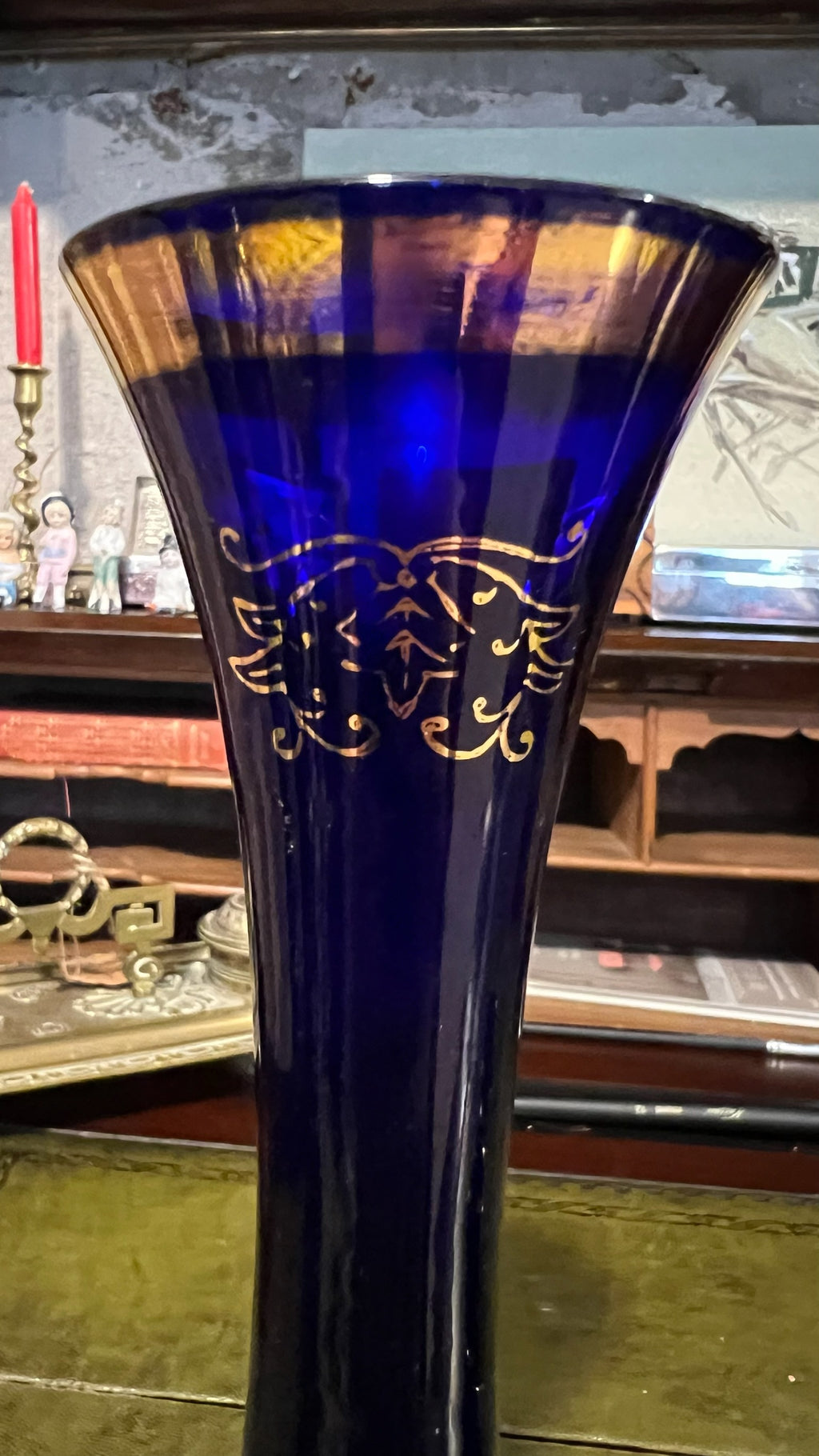 Bohemian cobalt blue glass vase and 3 cups