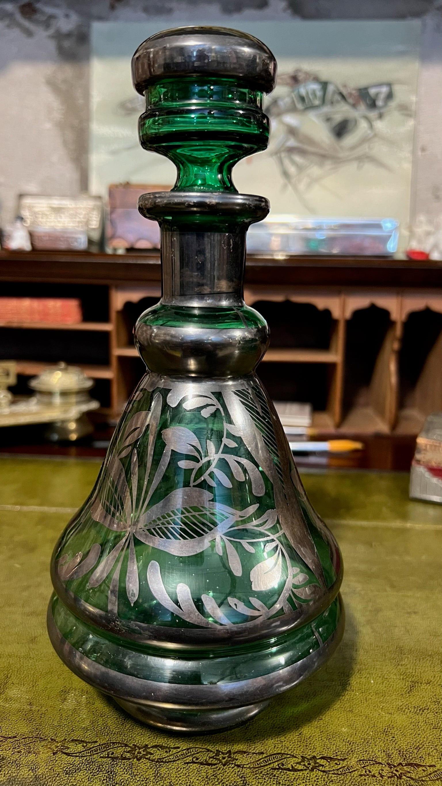 Antique Bohemian silver-plated emerald green decanter