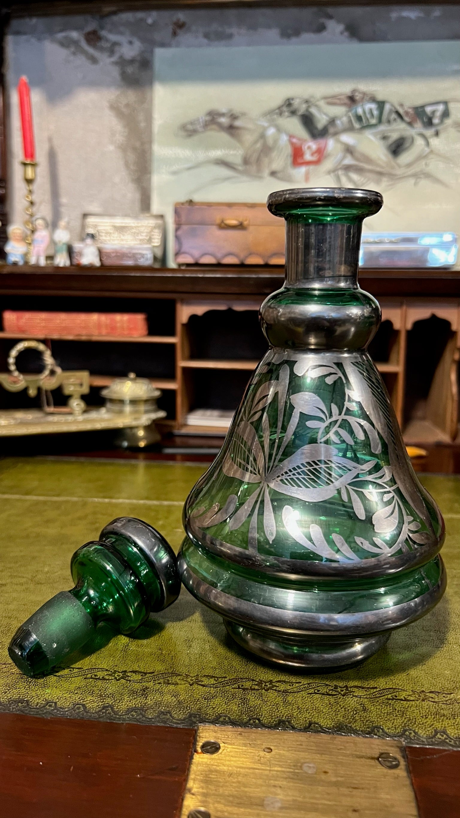 Antique Bohemian silver-plated emerald green decanter