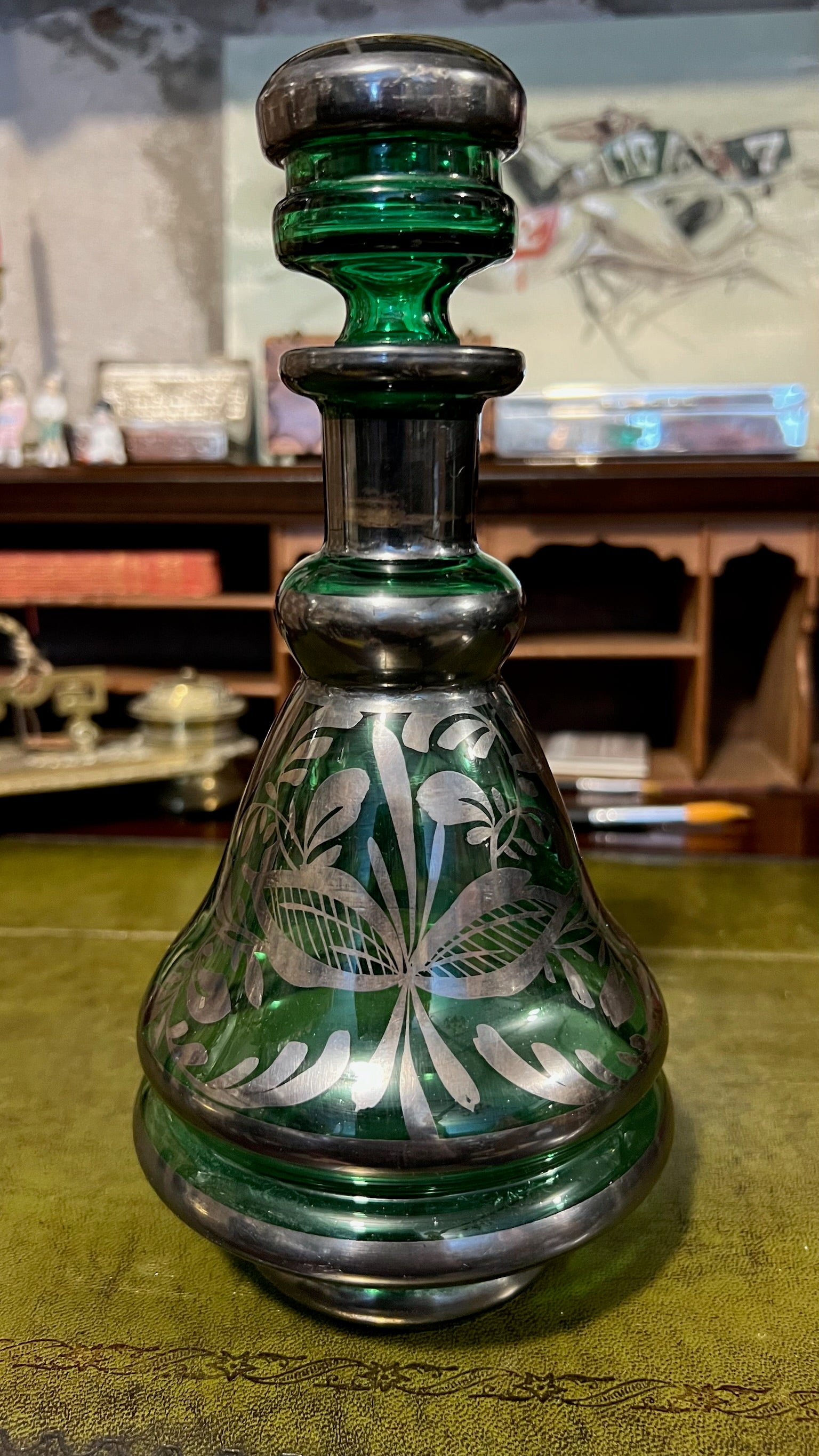 Antique Bohemian silver-plated emerald green decanter