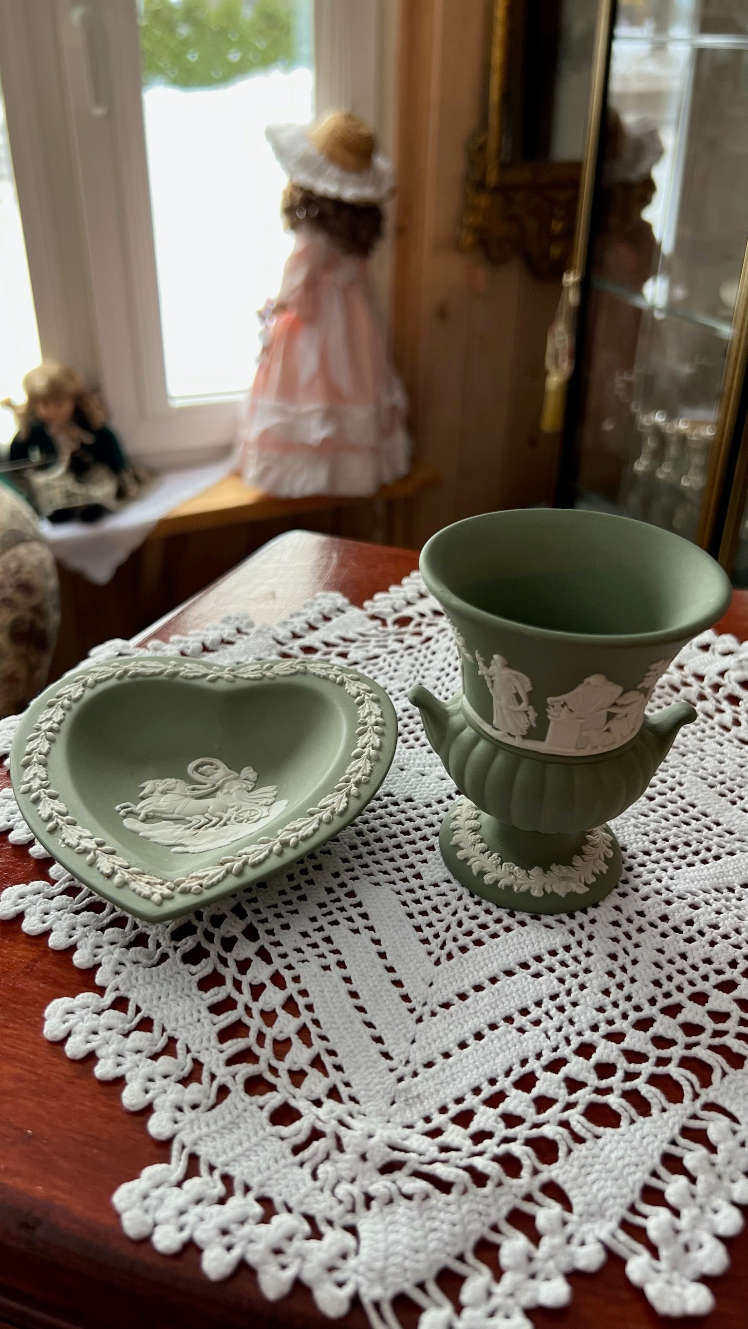 Wedgwood Jasperware sage green set – heart bowl and small vase